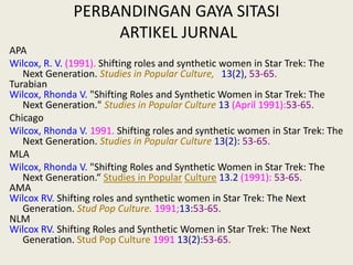 PERBANDINGAN GAYA SITASI
ARTIKEL JURNAL
APA
Wilcox, R. V. (1991). Shifting roles and synthetic women in Star Trek: The
Next Generation. Studies in Popular Culture, 13(2), 53-65.
Turabian
Wilcox, Rhonda V. "Shifting Roles and Synthetic Women in Star Trek: The
Next Generation." Studies in Popular Culture 13 (April 1991):53-65.
Chicago
Wilcox, Rhonda V. 1991. Shifting roles and synthetic women in Star Trek: The
Next Generation. Studies in Popular Culture 13(2): 53-65.
MLA
Wilcox, Rhonda V. "Shifting Roles and Synthetic Women in Star Trek: The
Next Generation.“ Studies in Popular Culture 13.2 (1991): 53-65.
AMA
Wilcox RV. Shifting roles and synthetic women in Star Trek: The Next
Generation. Stud Pop Culture. 1991;13:53-65.
NLM
Wilcox RV. Shifting Roles and Synthetic Women in Star Trek: The Next
Generation. Stud Pop Culture 1991 13(2):53-65.

 