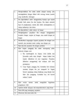 17 
2. Mempersilahkan ibu untuk duduk dengan tenang, jika 
memungkinkan dengan diikuti oleh seorang teman (suami) 
yang memberika dukungan 
3. Ibu dipersilahkan untuk menggendong bayinya agar terjadi 
kontak kulit antara ibu dan bayinya. Ibu dapat menaruh 
bayi di pangkuannya, namun jika tidak memungkinkan, ia 
cukup melihatnya dari dekat 
4. Ibu dipersilahkan untuk minum air hangat 
5. Menghangatkan payudara ibu dengan menggunakan 
kompres hangat, usapan air hangat, atau mandi dengan air 
hangat 
6. Memberikan rangsangan kepada payudara ibu dengan cara 
menarik atau memutar-mutar puting susu dengan jari 
7. Pijat dan elus payudara ibu dengan perlahan 
8. Pijat bagian punggung ibu untuk merangsang reflex 
oksitosin dengan cara: 
a. Ibu membungkuk ke depan, serta duduk dan 
bersandar pada meja dengan lengan terlipat dan 
kepala diletakkan di atas tangannya. Payudara 
dibiarkan menggantung dan terlepas dari kain 
penutupnya. 
b. Usap bagian punggug ibu, kemudian beri tekanan 
memutar dengan ibu jari mengarah ke bagian 
bawah sepanjang tulang belakang yang dimulai dari 
leher dan punggung, kemudian kea rah bawah 
selama 3 menit. 
9. Pijat areola mamae untuk mengetahui bagaimana 
pengeluaran ASI 
10. Ajarkan teknik menyusu dan menyendawakan yang benar 
11. Pakai BH yang menopang payudara 
12. Observasi dan catat reaksi ibu 
 