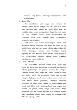 15
emosional, yang termasuk didalamnya mempertahankan untuk
mencari bantuan.
b Konsep Sehat
Roy mendefinisikan sehat sebagai suatu continuum dari
meninggal sampai tingkatan tertinggi sehat. Dia menekankan bahwa
sehat merupakan suatu keadaan dan proses dalam upaya dan
menjadikan dirinya secara terintegrasisecara keseluruhan, fisik, mental
dan social. Integritas adaptasi individu dimanifestasikan oleh
kemampuan individu untuk memenuhi tujuan mempertahankan
pertumbuhan dan reproduksi.
Sakit adalah suatu kondisi ketidakmampuan individu untuk
beradapatasi terhadap rangsangan yang berasal dari dalam dan luar
individu.Kondisi sehat dan sakit sangat individual dipersepsikan oleh
individu. Kemampuan seseorang dalam beradaptasi (koping)
tergantung dari latar belakang individu tersebut dalam mengartikan
dan mempersepsikan sehat-sakit, misalnya tingkat pendidikan,
pekerjaan, usia, budaya dan lain-lain.
c. Konsep Lingkungan
Roy mendefinisikan lingkungan sebagai semua kondisi yang
berasal dari internal dan eksternal,yang mempengaruhi dan berakibat
terhadap perkembangan dari perilaku seseorang dan kelompok.
Lingkunan eksternal dapat berupa fisik, kimiawi, ataupun psikologis
yang diterima individu dan dipersepsikan sebagai suatu ancaman.
Sedangkan lingkungan internal adalah keadaan proses mental dalam
tubuh individu (berupa pengalaman, kemampuan emosioanal,
kepribadian) dan proses stressor biologis (sel maupun molekul) yang
berasal dari dalam tubuh individu.manifestasi yang tampak akan
tercermin dari perilaku individu sebagai suatu respons. Dengan
pemahaman yang baik tentang lingkungan akan membantu perawat
dalam meningkatkan adaptasi dalam merubah dan mengurangi resiko
akibat dari lingkungan sekitar.
 
