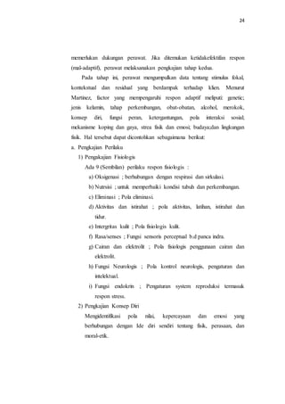 24
memerlukan dukungan perawat. Jika ditemukan ketidakefektifan respon
(mal-adaptif), perawat melaksanakan pengkajian tahap kedua.
Pada tahap ini, perawat mengumpulkan data tentang stimulus fokal,
kontekstual dan residual yang berdampak terhadap klien. Menurut
Martinez, factor yang mempengaruhi respon adaptif meliputi: genetic;
jenis kelamin, tahap perkembangan, obat-obatan, alcohol, merokok,
konsep diri, fungsi peran, ketergantungan, pola interaksi sosial;
mekanisme koping dan gaya, strea fisik dan emosi; budaya;dan lingkungan
fisik. Hal tersebut dapat dicontohkan sebagaimana berikut:
a. Pengkajian Perilaku
1) Pengakajian Fisiologis
Ada 9 (Sembilan) perilaku respon fisiologis :
a) Oksigenasi ; berhubungan dengan respirasi dan sirkulasi.
b) Nutrsisi ; untuk memperbaiki kondisi tubuh dan perkembangan.
c) Eliminasi ; Pola eliminasi.
d) Aktivitas dan istirahat ; pola aktivitas, latihan, istirahat dan
tidur.
e) Intergritas kulit ; Pola fisiologis kulit.
f) Rasa/senses ; Fungsi sensoris perceptual b.d panca indra.
g) Cairan dan elektrolit ; Pola fisiologis penggunaan cairan dan
elektrolit.
h) Fungsi Neurologis ; Pola kontrol neurologis, pengaturan dan
intelektual.
i) Fungsi endokrin ; Pengaturan system reproduksi termasuk
respon stress.
2) Pengkajian Konsep Diri
Mengidentifikasi pola nilai, kepercayaan dan emosi yang
berhubungan dengan Ide diri sendiri tentang fisik, perasaan, dan
moral-etik.
 
