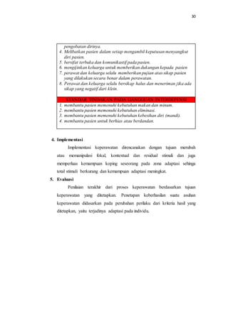 30
pengobatan dirinya.
4. Melibatkan pasien dalam setiap mengambil keputusan menyangkut
diri pasien.
5. bersifat terbuka dan komunikastif pada pasien.
6. mengijinkan keluarga untuk memberikan dukungan kepada pasien
7. perawat dan keluarga selalu memberikan pujian atas sikap pasien
yang dilakukan secara benar dalam perawatan.
8. Perawat dan keluarga selalu bersikap halus dan meneriman jika ada
sikap yang negatif dari klein.
STANDAR TINDAKAN PADA GANGGUAN INTERDEPENSI
1. membantu pasien memenuhi kebutuhan makan dan minum.
2. membantu pasien memenuhi kebutuhan eliminasi.
3. membantu pasien memenuhi kebutuhan kebesihan diri (mandi).
4. membantu pasien untuk berhias atau berdandan.
4. Implementasi
Implementasi keperawatan direncanakan dengan tujuan merubah
atau memanipulasi fokal, kontextual dan residual stimuli dan juga
memperluas kemampuan koping seseorang pada zona adaptasi sehinga
total stimuli berkurang dan kemampuan adaptasi meningkat.
5. Evaluasi
Penilaian terakhir dari proses keperawatan berdasarkan tujuan
keperawatan yang ditetapkan. Penetapan keberhasilan suatu asuhan
keperawatan didasarkan pada perubahan perilaku dari kriteria hasil yang
ditetapkan, yaitu terjadinya adaptasi pada individu.
 