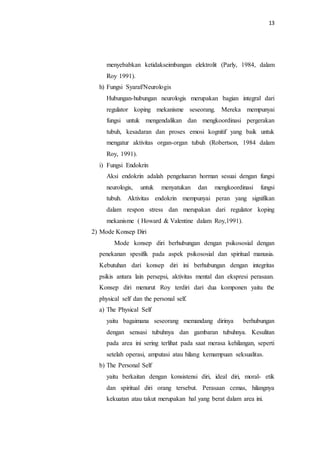 13
menyebabkan ketidakseimbangan elektrolit (Parly, 1984, dalam
Roy 1991).
h) Fungsi Syaraf/Neurologis
Hubungan-hubungan neurologis merupakan bagian integral dari
regulator koping mekanisme seseorang. Mereka mempunyai
fungsi untuk mengendalikan dan mengkoordinasi pergerakan
tubuh, kesadaran dan proses emosi kognitif yang baik untuk
mengatur aktivitas organ-organ tubuh (Robertson, 1984 dalam
Roy, 1991).
i) Fungsi Endokrin
Aksi endokrin adalah pengeluaran horman sesuai dengan fungsi
neurologis, untuk menyatukan dan mengkoordinasi fungsi
tubuh. Aktivitas endokrin mempunyai peran yang signifikan
dalam respon stress dan merupakan dari regulator koping
mekanisme ( Howard & Valentine dalam Roy,1991).
2) Mode Konsep Diri
Mode konsep diri berhubungan dengan psikososial dengan
penekanan spesifik pada aspek psikososial dan spiritual manusia.
Kebutuhan dari konsep diri ini berhubungan dengan integritas
psikis antara lain persepsi, aktivitas mental dan ekspresi perasaan.
Konsep diri menurut Roy terdiri dari dua komponen yaitu the
physical self dan the personal self.
a) The Physical Self
yaitu bagaimana seseorang memandang dirinya berhubungan
dengan sensasi tubuhnya dan gambaran tubuhnya. Kesulitan
pada area ini sering terlihat pada saat merasa kehilangan, seperti
setelah operasi, amputasi atau hilang kemampuan seksualitas.
b) The Personal Self
yaitu berkaitan dengan konsistensi diri, ideal diri, moral- etik
dan spiritual diri orang tersebut. Perasaan cemas, hilangnya
kekuatan atau takut merupakan hal yang berat dalam area ini.
 