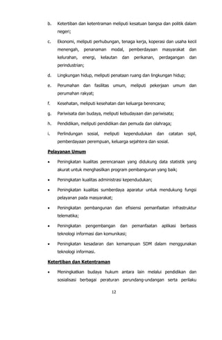 12
b. Ketertiban dan ketentraman meliputi kesatuan bangsa dan politik dalam
negeri;
c. Ekonomi, meliputi perhubungan, tenaga kerja, koperasi dan usaha kecil
menengah, penanaman modal, pemberdayaan masyarakat dan
kelurahan, energi, kelautan dan perikanan, perdagangan dan
perindustrian;
d. Lingkungan hidup, meliputi penataan ruang dan lingkungan hidup;
e. Perumahan dan fasilitas umum, meliputi pekerjaan umum dan
perumahan rakyat;
f. Kesehatan, meliputi kesehatan dan keluarga berencana;
g. Pariwisata dan budaya, meliputi kebudayaan dan pariwisata;
h. Pendidikan, meliputi pendidikan dan pemuda dan olahraga;
i. Perlindungan sosial, meliputi kependudukan dan catatan sipil,
pemberdayaan perempuan, keluarga sejahtera dan sosial.
Pelayanan Umum
 Peningkatan kualitas perencanaan yang didukung data statistik yang
akurat untuk menghasilkan program pembangunan yang baik;
 Peningkatan kualitas administrasi kependudukan;
 Peningkatan kualitas sumberdaya aparatur untuk mendukung fungsi
pelayanan pada masyarakat;
 Peningkatan pembangunan dan efisiensi pemanfaatan infrastruktur
telematika;
 Peningkatan pengembangan dan pemanfaatan aplikasi berbasis
teknologi informasi dan komunikasi;
 Peningkatan kesadaran dan kemampuan SDM dalam menggunakan
teknologi informasi.
Ketertiban dan Ketentraman
 Meningkatkan budaya hukum antara lain melalui pendidikan dan
sosialisasi berbagai peraturan perundang-undangan serta perilaku
 