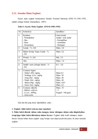 KARYA ILMIAH : YOGHURT 36
2.11. StandarMutu Yoghurt
Syarat mutu yoghurt berdasarkan Standar Nasional Indonesia (SNI) 01-2981-1992,
adalah sebagai berikut (Sumardikan, 2007):
Tabel 3. Syarat Mutu Yoghurt (SNI 01-2981-1992)
No. KriteriaUji Spesifikasi
1. Keadaan
- Penampakan
- Bau
- Rasa
- Konsentrasi
-Cairan kental
sampai semi padat
- Normal/khas
- Asam/khas
- Homogen
2. Lemak : % ; b/b Maks. 3,8
3. Bahan Kering Tanpa Lemak : %
; b/b
Maks. 8,2
4. Protein: % ; b/b Min. 3,5
5. Abu Maks. 1.0
6. Jumlah asam (sebagai laktat) : %
; b/b
0,5 – 2,0
7. Cemaran logam
- Timbal (Pb): mg/kg
- Tembaga (Cu) : mg/kg
- Seng (Zn) : mg/kg
- Timah (Sn) : mg/kg
- Raksa (Hg) : mg/kg
- Arsen (As) : mg/kg
Maks.0,3
Maks. 20
Maks. 40
Maks. 40
Maks. 0,03
Maks. 0,1
8. Cemaran mikroba
- Bakteri coliform
- E.coli ; APM/g
- Salmonella
Maks. 10
< 3
Negatif / 100 gram
Ada dua hal yang harus diperhatikan yaitu :
1. Yoghurt tidak boleh terkena sinar matahari.
2. Tidak boleh ditaruh dalam suhu ruangan, harus disimpan dalam suhu dingin/kulkas
tetapi juga tidak boleh diletakkan dalam freezer. Yoghurt tidak boleh disimpan dalam
freezer karena bahan dasar yoghurt yang berupa susu dapat pecah dan justru itu akan merusak
yoghurt.
 