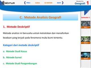 JUDUL ISI MATERIPREV NEXT
Mengkaji Ilmu
Geografi 1
Semester 1
Bab II
Bab III
Bab I1. Metode Deskriptif
Metode analisis ini berusaha untuk melukiskan dan menafsirkan
keadaan yang terjadi pada fenomena muka bumi tertentu.
C. Metode Analisis Geografi
Kategori dari metode deskriptif
a. Metode Studi Kasus
b. Metode Survei
c. Metode Studi Pengembangan
 