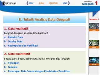 JUDUL ISI MATERIPREV NEXT
Mengkaji Ilmu
Geografi 1
Semester 1
Bab II
Bab III
Bab I
E. Teknik Analisis Data Geografi
1. Data Kualitatif
Langkah-langkah analisis data kualitatif
a. Reduksi Data
b. Display Data
c. Kesimpulan dan Verifikasi
2. Data Kuantitatif
Secara garis besar, pekerjaan analisis meliputi tiga langkah
a. Persiapan
b. Tabulasi
c. Penerapan Data Sesuai dengan Pendekatan Penelitian
 