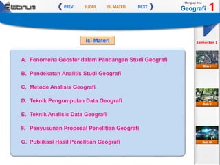 JUDUL ISI MATERIPREV NEXT
Mengkaji Ilmu
Geografi 1
Semester 1
Bab II
Bab III
Bab I
A. Fenomena Geosfer dalam Pandangan Studi Geografi
B. Pendekatan Analitis Studi Geografi
C. Metode Analisis Geografi
D. Teknik Pengumpulan Data Geografi
E. Teknik Analisis Data Geografi
Isi Materi
F. Penyusunan Proposal Penelitian Geografi
G. Publikasi Hasil Penelitian Geografi
 