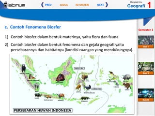 JUDUL ISI MATERIPREV NEXT
Mengkaji Ilmu
Geografi 1
Semester 1
Bab II
Bab III
Bab I
c. Contoh Fenomena Biosfer
1) Contoh biosfer dalam bentuk materinya, yaitu flora dan fauna.
2) Contoh biosfer dalam bentuk fenomena dan gejala geografi yaitu
persebarannya dan habitatnya (kondisi ruangan yang mendukungnya).
 