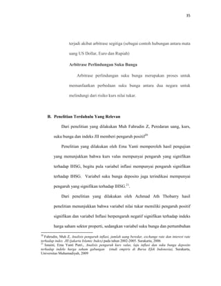 35
terjadi akibat arbitrase segitiga (sebagai contoh hubungan antara mata
uang US Dollar, Euro dan Rupiah)
Arbitrase Perlindungan Suku Bunga
Arbitrase perlindungan suku bunga merupakan proses untuk
memanfaatkan perbedaan suku bunga antara dua negara untuk
melindungi dari risiko kurs nilai tukar.
B. Penelitian Terdahulu Yang Relevan
Dari penelitian yang dilakukan Muh Fahrudin Z, Peredaran uang, kurs,
suku bunga dan indeks JII memberi pengaruh positif20
Penelitian yang dilakukan oleh Ema Yanti memperoleh hasil pengujian
yang menunjukkan bahwa kurs valas mempunyai pengaruh yang signifikan
terhadap IHSG, begitu pula variabel inflasi mempunyai pengaruh signifikan
terhadap IHSG. Variabel suku bunga deposito juga terindikasi mempunyai
pengaruh yang signifikan terhadap IHSG.21
.
Dari penelitian yang dilakukan oleh Achmad Ath Thobarry hasil
penelitian menunjukkan bahwa variabel nilai tukar memiliki pengaruh positif
signifikan dan variabel Inflasi berpengaruh negatif signifikan terhadap indeks
harga saham sektor properti, sedangkan variabel suku bunga dan pertumbuhan
20
Fahrudin, Muh Z, Analisis pengaruh inflasi, jumlah uang beredar, exchange rate dan interest rate
terhadap index JII (jakarta Islamic Index) pada tahun 2002-2005. Surakarta, 2006
21
Isnaini, Ema Yanti Putri., Analisis pengaruh kurs valas, laju inflasi dan suku bunga deposito
terhadap indeks harga saham gabungan (studi empiris di Bursa Efek Indonesia), Surakarta,
Universitas Muhamadiyah, 2009
 