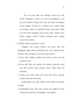 25
Jika ada peserta didik yang melanggar peraturan tata tertib
sekolah komunikasikan kembali apa aturan yang dilanggarnya secara
jelas dan kemukakan akibatnya bila aturan yang dibuat dan disepakati
bersama dilanggar. Konsekwensi ini dilakukan secara bertahap dimulai
dari peringatan, teguran, atau dilaporkann kepada orang tuanya. Apabila
ada peserta didik mengganggu suasana proses belajar mengajar segera
hentikan gangguan tersebut, kemudian memahami alasan mengapa
sampai berbuat demikian.
3. Melakukan tindakan penyembuhan (kuratif)
Pelanggaran yang terlanjur dilakukan oleh peserta didik perlu
ditanggulangi dengan tindakan penyembuhan baik secara individual maupun
kelompok. Situasi pelanggaran peserta didik dapat berbentuk :
a) Peserta didik melanggar sejumlah besar peraturan sekolah yang telah
disepakati bersama
b) Peserta didik tidak mau menerima atau menolak konsekwensi seperti
yang telah tercantum dalam peraturan sekolah sebagai akibat dari
perbuatanya.
c) Seorang peserta didik menolak sama sekali aturan khusus yang telah
tercantum dalam tata tertib sekolah.
Langkah-langkah yang dapat dilakukan dalam tindakan penyembuhan
ini adalah
a) Mengidentifikasi peserta didik untuk menerima dan mengikuti tata tertib
dan menerima konsekuensi dari pelanggaran yang dibuatnya.
 