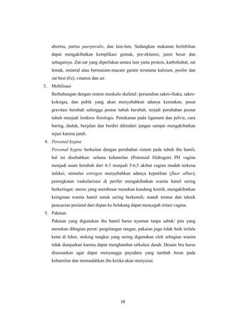 18
abortus, partus puerperalis, dan lain-lain. Sedangkan makanan berlebihan
dapat mengakibatkan komplikasi gemuk, pre-eklamsi, janin besar dan
sebagainya. Zat-zat yang diperlukan antara lain yaitu protein, karbohidrat, zat
lemak, mineral atau bermacam-macam garam terutama kalsium, posfor dan
zat besi (Fe), vitamin dan air.
3. Mobilisasi
Berhubungan dengan sistem muskulo skeletal: persendian sakro-iliaka, sakro-
koksigia, dan pubik yang akan menyebabkan adanya keretakan, pusat
gravitasi berubah sehingga postur tubuh berubah, terjadi perubahan postur
tubuh menjadi lordosis fisiologis. Penekanan pada ligament dan pelvic, cara
baring, duduk, berjalan dan berdiri dihindari jangan sampai mengakibatkan
injuri karena jatuh.
4. Personal hygine
Personal hygine berkaitan dengan perubahan sistem pada tubuh ibu hamil,
hal ini disebabkan: selama kehamilan (Potensial Hidrogen) PH vagina
menjadi asam berubah dari 4-3 menjadi 5-6,5 akibat vagina mudah terkena
infeksi; stimulus estrogen menyebabkan adanya keputihan (fluor albus);
peningkatan vaskularisasi di perifer mengakibatkan wanita hamil sering
berkeringat; uterus yang membesar menekan kandung kemih, mengakibatkan
keinginan wanita hamil untuk sering berkemih; mandi teratur dan teknik
pencucian perianal dari depan ke belakang dapat mencegah iritasi vagina.
5. Pakaian
Pakaian yang digunakan ibu hamil harus nyaman tanpa sabuk/ pita yang
menekan dibagian perut/ pergelangan tangan, pakaian juga tidak baik terlalu
ketat di leher, stoking tungkai yang sering digunakan oleh sebagian wanita
tidak dianjurkan karena dapat menghambat sirkulasi darah. Desain bra harus
disesuaikan agar dapat menyangga payudara yang tambah besar pada
kehamilan dan memudahkan ibu ketika akan menyusui.
 