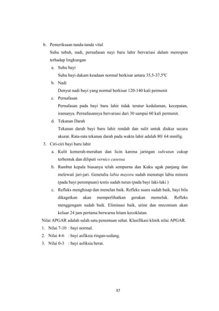 37
b. Pemeriksaan tanda-tanda vital
Suhu tubuh, nadi, pernafasan nayi baru lahir bervariasi dalam merespon
terhadap lingkungan
a. Suhu bayi
Suhu bayi dakam keadaan normal berkisar antara 35,5-37,5ºC
b. Nadi
Denyut nadi bayi yang normal berkisar 120-140 kali permenit
c. Pernafasan
Pernafasan pada bayi baru lahir tidak teratur kedalaman, kecepatan,
iramanya. Pernafasannya bervariasi dari 30 sampai 60 kali permenit.
d. Tekanan Darah
Tekanan darah bayi baru lahir rendah dan sulit untuk diukur secara
akurat. Rata-rata tekanan darah pada waktu lahir adalah 80/ 64 mmHg.
3. Ciri-ciri bayi baru lahir
a. Kulit kemerah-merahan dan licin karena jaringan subcutan cukup
terbentuk dan diliputi vernics caseosa
b. Rambut kepala biasanya telah sempurna dan Kuku agak panjang dan
melewati jari-jari. Genetalia labia mayora sudah menutupi labia minora
(pada bayi perempuan) testis sudah turun (pada bayi laki-laki )
c. Refleks menghisap dan menelan baik. Refleks suara sudah baik, bayi bila
dikagetkan akan memperlihatkan gerakan memeluk. Refleks
menggengam sudah baik. Eliminasi baik, urine dan meconium akan
keluar 24 jam pertama berwarna hitam kecoklatan.
Nilai APGAR adalah salah satu penentuan sehat. Klasifikasi klinik nilai APGAR.
1. Nilai 7-10 : bayi normal.
2. Nilai 4-6 : bayi asfiksia ringan-sedang.
3. Nilai 0-3 : bayi asfiksia berat.
 