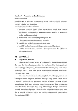 9
Standar VI : Pencatatan Asuhan Kebidanan
Pernyataan standar:
Bidan melakukan pencatatan secara lengkap, akurat, singkat, dan jelas mengenai
keadaan/ kejadian yang ditemukan
Kriteria pencatatan asuhan kebidanan:
a. Pencatatan dilakukan segera setelah melaksanakan asuhan pada formulir
yang tersedia rekam medis/ KMS (Kartu Menuju Sehat/ KIA (Kesehatan
Ibu dan Anak)/status pasien)
b. Ditulis dalam bentuk catatan pengembangan SOAP
c. S adalah data subjektif, mencatat hasil anamnesa
d. O adalah data objektif, mancatat hasil pemeriksaan
e. A adalah hasil analisa, mencatat diagnosa dan masalah kebidanan
f. P adalah penatalaksanaan, mencatat seluruh perencanaan dan pelaksanan
yang sudah dilakukan
2.2 KEHAMILAN
A. Pengertian Kehamilan
Kehamilan didefenisikan sebagai fertilisasi atau penyatuan dari spermatozoa
dan ovum dan dilanjutkan dengan nidasi atau implantasi. Bila dihitung dari saat
fertilisasi hingga lahirnya bayi, kehamilan normal akan berlangsung dalam waktu
40 minggu atau 10 bulan lunar atau 9 bulan menurut kalender Internasional
(Saifuddin, dkk, 2016).
Untuk melakukan asuhan antenatal yang baik, diperlukan pengetahuan dan
kemampuan untuk mengenali perubahan fisiologik yang terkait dengan proses
kehamilan. Pengenalan dan pemahaman tentang perubahan fisiologik tersebut
menjadi modal dasar dalam mengenali kondisi patologik yang dapat mengganggu
status kesehatan ibu ataupun bayi yang dikandungnya. Dengan kemampuan
tersebut, penolong atau petugas kesehatan dapat mengambil tindakan yang tepat
dan perlu untuk memperoleh luaran yang optimal dari kehamilan dan persalinan
(Saifuddin, dkk, 2016).
 