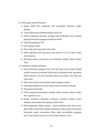 50
b) Keuntungan Suntikan Progestin
1) Sangat efektif dan mempunyai efek pencegahan kehamilan jangka
panjang.
2) Tidak berpengaruh terhadap hubungan suami istri
3) Tidak mengandung esterogen sehingga tidak berdampak serius terhadap
penyakit jantung dan gangguan pembekuan darah
4) Tidak mempengaruhi ASI
5) Efek samping sedikit
6) Klien tidak perlu menyimpan obat suntik
7) Dapat digunakan oleh perempuan yang berusia di atas 35 tahun sampai
premenopause.
8) Mencegah kanker endometrium dan kehamilan ektopik (Pinem Saroha,
2014).
c) Keterbatasan Suntikan Progestin
1) Sering ditemukan gangguan haid. Pola haid yang normal dapat berubah
menjadi amenorea, perdarahan tidak teratur, perdarahan bercak, perubahan
dalam frekuensi, lama dan banyaknya darah yang keluar, atau tidak haid
sama sekali.
2) Pada waktu tertentu harus kembali untuk mendapat suntikan
3) Tidak dapat dihentikan sewaktu-waktu sebelum suntikan berikutnya
4) Peningkatan berat badan
5) Tidak menjamin perlindungan terhadap infeksi menular seksual, infeksi
HIV, hepatitis B virus.
6) Setelah pemakaian dihentikan kesuburan terlambat kembali karena
pelepasan obat suntikan dari depannya belum habis.
7) Pada penggunaan jangka panjang : terjadi perubahan pada lipid serum,
dapat sedikit menurunkan densitas (kepadatan) tulang, dapat menimbulkan
kekeringan vagina, menurunkan libido, dapat menimbulkan gangguan
emosi, sakit kepala, jerawat, nervositas (Pinem Saroha, 2014).
 