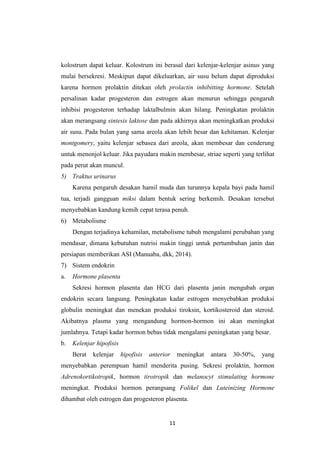 11
kolostrum dapat keluar. Kolostrum ini berasal dari kelenjar-kelenjar asinus yang
mulai bersekresi. Meskipun dapat dikeluarkan, air susu belum dapat diproduksi
karena hormon prolaktin ditekan oleh prolactin inhibitting hormone. Setelah
persalinan kadar progesteron dan estrogen akan menurun sehingga pengaruh
inhibisi progesteron terhadap laktalbulmin akan hilang. Peningkatan prolaktin
akan merangsang sintesis laktose dan pada akhirnya akan meningkatkan produksi
air susu. Pada bulan yang sama areola akan lebih besar dan kehitaman. Kelenjar
montgomery, yaitu kelenjar sebasea dari areola, akan membesar dan cenderung
untuk menonjol keluar. Jika payudara makin membesar, striae seperti yang terlihat
pada perut akan muncul.
5) Traktus urinarus
Karena pengaruh desakan hamil muda dan turunnya kepala bayi pada hamil
tua, terjadi gangguan miksi dalam bentuk sering berkemih. Desakan tersebut
menyebabkan kandung kemih cepat terasa penuh.
6) Metabolisme
Dengan terjadinya kehamilan, metabolisme tubuh mengalami perubahan yang
mendasar, dimana kebutuhan nutrisi makin tinggi untuk pertumbuhan janin dan
persiapan memberikan ASI (Manuaba, dkk, 2014).
7) Sistem endokrin
a. Hormone plasenta
Sekresi hormon plasenta dan HCG dari plasenta janin mengubah organ
endokrin secara langsung. Peningkatan kadar estrogen menyebabkan produksi
globulin meningkat dan menekan produksi tiroksin, kortikosteroid dan steroid.
Akibatnya plasma yang mengandung hormon-hormon ini akan meningkat
jumlahnya. Tetapi kadar hormon bebas tidak mengalami peningkatan yang besar.
b. Kelenjar hipofisis
Berat kelenjar hipofisis anterior meningkat antara 30-50%, yang
menyebabkan perempuan hamil menderita pusing. Sekresi prolaktin, hormon
Adrenokortikotropik, hormon tirotropik dan melanocyt stimulating hormone
meningkat. Produksi hormon perangsang Folikel dan Luteinizing Hormone
dihambat oleh estrogen dan progesteron plasenta.
 