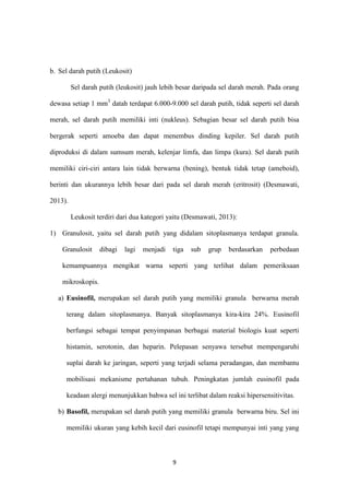 9
b. Sel darah putih (Leukosit)
Sel darah putih (leukosit) jauh lebih besar daripada sel darah merah. Pada orang
dewasa setiap 1 mm3
datah terdapat 6.000-9.000 sel darah putih, tidak seperti sel darah
merah, sel darah putih memiliki inti (nukleus). Sebagian besar sel darah putih bisa
bergerak seperti amoeba dan dapat menembus dinding kepiler. Sel darah putih
diproduksi di dalam sumsum merah, kelenjar limfa, dan limpa (kura). Sel darah putih
memiliki ciri-ciri antara lain tidak berwarna (bening), bentuk tidak tetap (ameboid),
berinti dan ukurannya lebih besar dari pada sel darah merah (eritrosit) (Desmawati,
2013).
Leukosit terdiri dari dua kategori yaitu (Desmawati, 2013):
1) Granulosit, yaitu sel darah putih yang didalam sitoplasmanya terdapat granula.
Granulosit dibagi lagi menjadi tiga sub grup berdasarkan perbedaan
kemampuannya mengikat warna seperti yang terlihat dalam pemeriksaan
mikroskopis.
a) Eusinofil, merupakan sel darah putih yang memiliki granula berwarna merah
terang dalam sitoplasmanya. Banyak sitoplasmanya kira-kira 24%. Eusinofil
berfungsi sebagai tempat penyimpanan berbagai material biologis kuat seperti
histamin, serotonin, dan heparin. Pelepasan senyawa tersebut mempengaruhi
suplai darah ke jaringan, seperti yang terjadi selama peradangan, dan membantu
mobilisasi mekanisme pertahanan tubuh. Peningkatan jumlah eusinofil pada
keadaan alergi menunjukkan bahwa sel ini terlibat dalam reaksi hipersensitivitas.
b) Basofil, merupakan sel darah putih yang memiliki granula berwarna biru. Sel ini
memiliki ukuran yang kebih kecil dari eusinofil tetapi mempunyai inti yang yang
 
