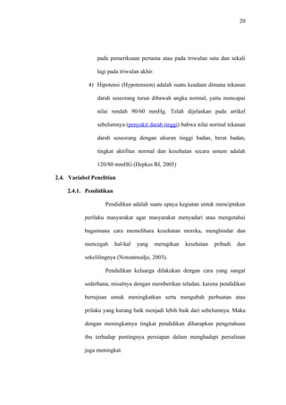 45




             Berdasarkan penelitian dan pembahasan dapat dikemukakan beberapa

     kesimpulan sebagai berikut :

    1.    Dari hasil persentase dapat simpulkan bahwa tidak ada kecenderungan

          hubungan antara pendidikan Ibu hamil dengan pengetahuan Ibu hamil

          tentang hipotensi.

    2.    Dari hasil persentase dapat simpulkan bahwa tidak ada kecenderungan

          hubungan antara umur Ibu hamil dengan pengetahuan Ibu hamil tentang

          hipotensi.

    3.    Dari hasil persentase dapat simpulkan bahwa ada kecenderungan

          hubungan antara informasi yang diterima Ibu hamil dengan pengetahuan

          Ibu hamil tentang hipotensi



6.2. Saran

    1.    Bagi peneliti selanjutnya untuk dapat melanjutkan penelitian ini agar

          lebih bermanfaat.

    2.    Bagi Ibu hamil hendaknya menambah pengetahuan tentang hipotensi

          pada Ibu hamil

    3.    Bagi Tenaga Kesehatan khususnya bidan hendaknya memberikan

          informasi pada Ibu-Ibu hamil tentang Hipotensu pada Ibu hamil

    4.    Bagi Institusi pendidikan Akademi Kebidanan Habarpan Ibu Langsa,
                                        45
          hendaknya menambah bahan bacaan         perpustakaan, sebagai bahan

          bacaan bagi Mahasiswa Akademi Kebidanan Habarpan Ibu Langsa
 