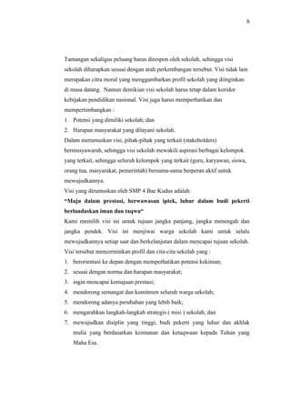 8




Tantangan sekaligus peluang harus direspon oleh sekolah, sehingga visi
sekolah diharapkan sesuai dengan arah perkembangan tersebut. Visi tidak lain
merupakan citra moral yang menggambarkan profil sekolah yang diinginkan
di masa datang. Namun demikian visi sekolah harus tetap dalam koridor
kebijakan pendidikan nasional. Visi juga harus memperhatikan dan
mempertimbangkan :
1. Potensi yang dimiliki sekolah; dan
2. Harapan masyarakat yang dilayani sekolah.
Dalam merumuskan visi, pihak-pihak yang terkait (stakeholders)
bermusyawarah, sehingga visi sekolah mewakili aspirasi berbagai kelompok
yang terkait, sehingga seluruh kelompok yang terkait (guru, karyawan, siswa,
orang tua, masyarakat, pemerintah) bersama-sama berperan aktif untuk
mewujudkannya.
Visi yang dirumuskan oleh SMP 4 Bae Kudus adalah:
“Maju dalam prestasi, berwawasan iptek, luhur dalam budi pekerti
berlandaskan iman dan taqwa“
Kami memilih visi ini untuk tujuan jangka panjang, jangka menengah dan
jangka pendek. Visi ini menjiwai warga sekolah kami untuk selalu
mewujudkannya setiap saat dan berkelanjutan dalam mencapai tujuan sekolah.
Visi tersebut mencerminkan profil dan cita-cita sekolah yang :
1. berorientasi ke depan dengan memperhatikan potensi kekinian;
2. sesuai dengan norma dan harapan masyarakat;
3. ingin mencapai kemajuan prestasi;
4. mendorong semangat dan komitmen seluruh warga sekolah;
5. mendorong adanya perubahan yang lebih baik;
6. mengarahkan langkah-langkah strategis ( misi ) sekolah; dan
7. mewujudkan disiplin yang tinggi, budi pekerti yang luhur dan akhlak
   mulia yang berdasarkan keimanan dan ketaqwaan kepada Tuhan yang
   Maha Esa.
 