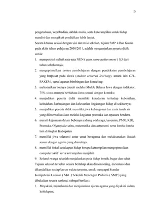 10




pengetahuan, kepribadian, akhlak mulia, serta keterampilan untuk hidup
mandiri dan mengikuti pendidikan lebih lanjut.
Secara khusus sesuai dengan visi dan misi sekolah, tujuan SMP 4 Bae Kudus
pada akhir tahun pelajaran 2010/2011, adalah mengantarkan peserta didik
untuk:
1. memperoleh selisih rata-rata NUN ( gain score achievement ) 0,5 dari
   tahun sebelumnya;
2. mengoptimalkan proses pembelajaran dengan pendekatan pembelajaran
   yang berpusat pada siswa (student centered learning), antara lain CTL,
   PAKEM, serta layanan bimbingan dan konseling;
3. melestarikan budaya daerah melalui Mulok Bahasa Jawa dengan indikator;
   75% siswa mampu berbahasa Jawa sesuai dengan konteks;
4. menjadikan peserta didik memiliki kesadaran terhadap kebersihan,
   keindahan, kerindangan dan kelestarian lingkungan hidup di sekitarnya;
5. menjadikan peserta didik memiliki jiwa kebangsaan dan cinta tanah air
   yang diinternalisasikan melalui kegiatan pramuka dan upacara bendera.
6. meraih kejuaraan dalam beberapa cabang olah raga, kesenian, PMR, KIR,
   Pramuka, Olympiade sains, matematika dan astronomi serta lomba-lomba
   lain di tingkat Kabupaten
7. memiliki jiwa toleransi antar umat beragama dan melaksanakan ibadah
   sesuai dengan agama yang dianutnya.
8. memiliki bekal kecakapan hidup berupa ketrampilan mengoperasikan
   computer aktif serta ketrampilan menjahit.
9. Seluruh warga sekolah menjalankan pola hidup bersih, bugar dan sehat
Tujuan sekolah tersebut secara bertahap akan dimonitoring, dievaluasi dan
dikendalikan setiap kurun waktu tertentu, untuk mencapai Standar
Kompetensi Lulusan ( SKL ) Sekolah Menengah Pertama ( SMP ) yang
dibakukan secara nasional sebagai berikut :
1. Meyakini, memahami dan menjalankan ajaran agama yang diyakini dalam
   kehidupan;
 