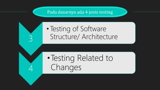 Pada dasarnya ada 4 jenis testing
3
•Testing of Software
Structure/ Architecture
4
•Testing Related to
Changes
 