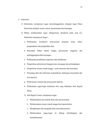 12
2. Sekretaris
1) Sekretariat, mempunyai tugas menyelenggarakan sebagian tugas Dinas
Pariwisata meliputi urusan umum, perencanaan dan keuangan.
2) Dalam melaksanakan tugas sebagaimana dimaksud pada ayat (1),
Sekretariat mempunyai fungsi :
a. Pelaksanaan koordinasi penyusunan program kerja dinas,
pengumpulan dan pengolahan data.
b. Penyiapan bahan dalam rangka penyusunan anggaran dan
pertanggungjawaban keuangan.
c. Pelaksanaan pembinaan organisasi dan tatalaksana.
d. Pengelolaan administrasi kepegawaian, keuangan dan perlengkapan.
e. Pengelolaan urusan rumah tangga , surat-menyurat dan kearsipan.
f. Penyiapan data dan informasi, kepustakaan, hubungan masyarakat dan
inventarisasi.
g. Pelaksanaan evaluasi dan penyusunan laporan.
h. Pelaksanaan tugas-tugas kedinasan lain yang diberikan oleh Kepala
Dinas.
1) Sub Bagian Umum, mempunyai tugas :
a. Melaksanakan tata naskah dinas dan tata kearsipan.
b. Melaksanakan urusan rumah tangga dan keprotokolan.
c. Menghimpun dan mengolah data serta dokumentasi.
d. Melaksanakan tugas-tugas di bidang kelembagaan dan
ketatalaksanaan.
 