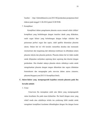 18 
Sumber : http://ilubimhthamrin.com/2011/06/perdarahan-postpartum.html 
diakses pada tanggal 11.06.2014 pukul 22.00 WIB. 
7. Komplikasi 
Komplikasi dalam pengeluaran plasenta secara manual selain infeksi/ 
komplikasi yang berhubungan dengan transfusi darah yang dilakukan, 
multi organ failure yang berhubungan dengan kolaps sirkulasi dan 
penurunan perfusi organ dan sepsis, ialah apabila ditemukan plasenta 
akreta. Dalam hal ini villi korialis menembus desidua dan memasuki 
miometrium dan tergantung dari dalamnya tembusan itu dibedakan antara 
plasenta inkreta dan plasenta perkreta. Plasenta dalam hal ini tidak mudah 
untuk dilepaskan melainkan sepotong demi sepotong dan disertai dengan 
perdarahan. Jika disadari adanya plasenta akreta sebaiknya usaha untuk 
mengeluarkan plasenta dengan tangan dihentikan dan segera dilakukan 
histerektomi dan mengangkat pula sisa-sisa dalam uterus (retensio. 
plasenta.blogspot.com/2013/11/komplikasi.html). 
C. faktor-faktor yang mempengaruhi kejadian retensio plasenta pada ibu 
bersalin adalah: 
1. Umur 
Umur/usia ibu merupakan salah satu faktor yang mempengaruhi 
status kesehatan ibu pada masa kehamilan. Ibu hamil dengan umur yang 
relatif muda atau sebaliknya terlalu tua cenderung lebih mudah untuk 
mengalami komplikasi kesehatan dibandingkan dengan ibu dengan kurun 
 
