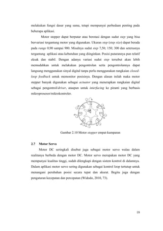 melakukan fungsi dasar yang sama, tetapi mempunyai perbedaan penting pada
beberapa aplikasi.
Motor stepper dapat berputar atau berotasi dengan sudut step yang bisa
bervariasi tergantung motor yang digunakan. Ukuran step (step size) dapat berada
pada range 0,90 sampai 900. Misalnya sudut step 7,50; 150; 300 dan seterusnya
tergantung aplikasi atau kebutuhan yang diinginkan. Posisi putarannya pun relatif
eksak dan stabil. Dengan adanya variasi sudut step tersebut akan lebih
memudahkan untuk melakukan pengontrolan serta pengontrolannya dapat
langsung menggunakan sinyal digital tanpa perlu menggunakan rangkaian closed-
loop feedback untuk memonitor posisinya. Dengan alasan inilah maka motor
stepper banyak digunakan sebagai actuator yang menerapkan rangkaian digital
sebagai pengontrol/driver, ataupun untuk interfacing ke piranti yang berbasis
mikroprosesor/mikrokontroler.
Gambar 2.10 Motor stepper empat-kumparan
2.7 Motor Servo
Motor DC seringkali disebut juga sebagai motor servo walau dalam
realitanya berbeda dengan motor DC. Motor servo merupakan motor DC yang
mempunyai kualitas tinggi, sudah dilengkapi dengan sistem kontrol di dalamnya.
Dalam aplikasi motor servo sering digunakan sebagai kontrol loop tertutup untuk
menangani perubahan posisi secara tepat dan akurat. Begitu juga dengan
pengaturan kecepatan dan percepatan (Widodo, 2010, 73).
18
 