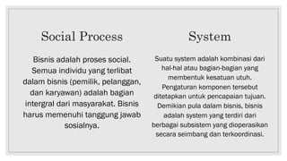 Social Process
Bisnis adalah proses social.
Semua individu yang terlibat
dalam bisnis (pemilik, pelanggan,
dan karyawan) adalah bagian
intergral dari masyarakat. Bisnis
harus memenuhi tanggung jawab
sosialnya.
System
Suatu system adalah kombinasi dari
hal-hal atau bagian-bagian yang
membentuk kesatuan utuh.
Pengaturan komponen tersebut
ditetapkan untuk pencapaian tujuan.
Demikian pula dalam bisnis, bisnis
adalah system yang terdiri dari
berbagai subsistem yang dioperasikan
secara seimbang dan terkoordinasi.
 