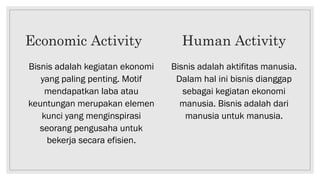 Economic Activity
Bisnis adalah kegiatan ekonomi
yang paling penting. Motif
mendapatkan laba atau
keuntungan merupakan elemen
kunci yang menginspirasi
seorang pengusaha untuk
bekerja secara efisien.
Human Activity
Bisnis adalah aktifitas manusia.
Dalam hal ini bisnis dianggap
sebagai kegiatan ekonomi
manusia. Bisnis adalah dari
manusia untuk manusia.
 