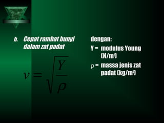 b. Cepat rambat bunyi
dalam zat padat
dengan:
Y = modulus Young
(N/m2
)
ρ = massa jenis zat
padat (kg/m3
)
ρ
Y
v =
 