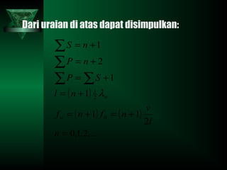 Dari uraian di atas dapat disimpulkan:
( )
( ) ( )
,...2,1,0
2
11
1
1
2
1
0
2
1
=
+=+=
+=
+=
+=
+=
∑ ∑
∑
∑
n
l
v
nfnf
nl
SP
nP
nS
n
nλ
 