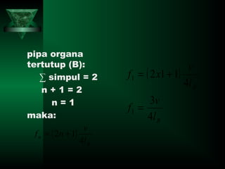 pipa organa
tertutup (B):
∑ simpul = 2
n + 1 = 2
n = 1
maka:
( )
B
n
l
v
nf
4
12 +=
( )
B
B
l
v
f
l
v
xf
4
3
4
112
1
1
=
+=
 