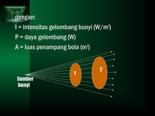 dengan:
I = intensitas gelombang bunyi (W/m2
)
P = daya gelombang (W)
A = luas penampang bola (m2
)
Sumber
bunyi
1
2
 