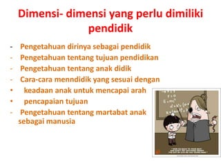 Dimensi- dimensi yang perlu dimiliki
pendidik
- Pengetahuan dirinya sebagai pendidik
- Pengetahuan tentang tujuan pendidikan
- Pengetahuan tentang anak didik
- Cara-cara menndidik yang sesuai dengan
• keadaan anak untuk mencapai arah
• pencapaian tujuan
- Pengetahuan tentang martabat anak
sebagai manusia
 