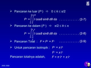 DND-2006
F+
= I cosθ sinθ dθ dφ
0
2π
0
π/2
 Pancaran ke luar (F+
)  0 ≤ θ ≤ π/2
F−
= I cosθ sinθ dθ dφ
0
2π
π/
2
π
 Pancaran ke dalam (F−
)  π/2 ≤ θ ≤ π
 Pancaran Total : F = F+
+ F−
. . . . . . . . . . . . (2-7)
. . . . . . . . . . . . (2-8)
. . . . . . . . . . . . (2-9)
 Untuk pancaran isotropik : F+
= π I+
F−
= π I−
Pancaran totalnya adalah, F = π I+
+ π I−
 