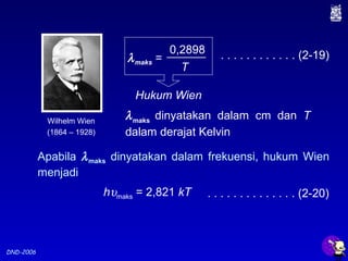 DND-2006
. . . . . . . . . . . . (2-19)λmaks =
0,2898
T
Hukum Wien
λmaks
dinyatakan dalam cm dan T
dalam derajat Kelvin
hυmaks = 2,821 kT
Apabila λmaks dinyatakan dalam frekuensi, hukum Wien
menjadi
. . . . . . . . . . . . . . (2-20)
Wilhelm Wien
(1864 – 1928)
 