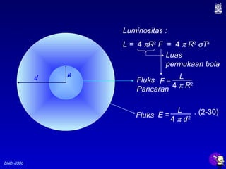 DND-2006
Fluks
Pancaran
Luminositas :
L = 4 πR2
F = 4 π R2
σT4
R
d
Fluks
Luas
permukaan bola
F =
L
4 π R2
E =
L
4 π d2
. (2-30)
 