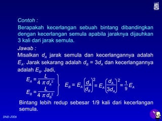 DND-2006
Contoh :
Berapakah kecerlangan sebuah bintang dibandingkan
dengan kecerlangan semula apabila jaraknya dijauhkan
3 kali dari jarak semula.
Jawab :
Misalkan dA jarak semula dan kecerlangannya adalah
EA. Jarak sekarang adalah dB = 3dA dan kecerlangannya
adalah EB. Jadi,
Bintang lebih redup sebesar 1/9 kali dari kecerlangan
semula.
EA =
L
4 π dA
2
EB =
L
4 π dB
2
dB
EB = dAEA
2 dA
3dA
= EA
2
= EA
1
9
 