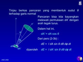 DND-2006
Tinjau berkas pancaran yang membentuk sudut θ
terhadap garis normal
Pancaran bisa kita bayangkan
melewati permukaan dA’ dengan
arah tegak lurus.
dA’ = dA cos θ
Dari pers (2-3b) :
dE = I dA sin θ dθ dφ dt
diperoleh
dω
dA’
n’
dA
n
θ
Dalam hal ini,
dE = I dA’ sin θ dθ dφ dt
 