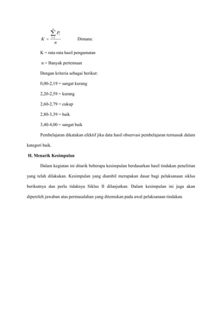 n

Pi
K

i 1

n

Dimana:

K = rata-rata hasil pengamatan
n = Banyak pertemuan
Dengan kriteria sebagai berikut:
0,00-2,19 = sangat kurang
2,20-2,59 = kurang
2,60-2,79 = cukup
2,80-3,39 = baik
3,40-4,00 = sangat baik
Pembelajaran dikatakan efektif jika data hasil observasi pembelajaran termasuk dalam
kategori baik.
H. Menarik Kesimpulan
Dalam kegiatan ini ditarik beberapa kesimpulan berdasarkan hasil tindakan penelitian
yang telah dilakukan. Kesimpulan yang diambil merupakan dasar bagi pelaksanaan siklus
berikutnya dan perlu tidaknya Siklus II dilanjutkan. Dalam kesimpulan ini juga akan
diperoleh jawaban atas permasalahan yang ditemukan pada awal pelaksanaan tindakan.

 