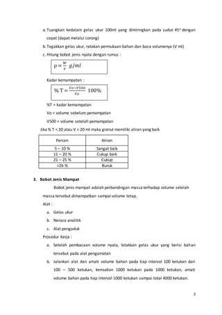 3
a.Tuangkan kedalam gelas ukur 100ml yang dimiringkan pada sudut 45o dengan
cepat (dapat melalui corong)
b.Tegakkan gelas ukur, ratakan permukaan bahan dan baca volumenya (V ml)
c. Hitung bobot jenis nyata dengan rumus :
Kadar kemampatan :
%T = kadar kemampatan
Vo = volume sebelum pemampatan
V500 = volume setelah pemampatan
Jika % T < 20 atau V < 20 ml maka granul memiliki aliran yang baik
Persen Aliran
5 – 10 % Sangat baik
11 – 20 % Cukup baik
21 – 25 % Cukup
>26 % Buruk
3. Bobot Jenis Mampat
Bobot jenis mampat adalah perbandingan massa terhadap volume setelah
massa tersebut dimampatkan sampai volume tetap.
Alat :
a. Gelas ukur
b. Neraca analitik
c. Alat pengaduk
Prosedur Kerja :
a. Setelah pembacaan volume nyata, letakkan gelas ukur yang berisi bahan
tersebut pada alat pengamatan
b. Jalankan alat dan amati volume bahan pada tiap interval 100 ketukan dari
100 – 500 ketukan, kemudian 1000 ketukan pada 1000 ketukan, amati
volume bahan pada tiap interval 1000 ketukan sampai total 4000 ketukan.
ρ =
𝑊
𝑉
𝑔/𝑚𝑙
% T =
𝑉𝑜−𝑉500
𝑉𝑜
100%
 