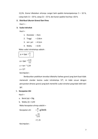 7
15,5%. Granul dikatakan aliranya sangat baik apabila kemampatannya 5 – 10 %,
cukup baik 11 – 20 %, cukup 21 – 25 %, dan buruk apabila hasilnya >26 %.
2. Distribusi Ukuran Granul Dan Fines
Hasil = -
3. Sudut Istirahat
Hasil =
1. Diameter = 9cm
2. Tinggi = 2.8cm
3. Jari- jari = 4.5cm
4. Waktu = 6.93
Maka sudut istirahatnya adalah :
a = tan -1 6.93
4.5
a = tan -1 1,54
a = 57o
kesimpulan :
Berdasarkan praktikum tersebut diketahui bahwa granul yang kami buat tidak
memenuhi standar karena sudut istirahatnya 57o, ini tidak sesuai dengan
persyaratan dimana granul yang baik memeiliki sudut istirahat yang tidak lebih dari
30o.
5. Kecepatan Alir
Hasil =
a. Berat (w) = 50g
b. Waktu (t) = 6,93
Maka kecepatan alirnya adalah =
Kecepatan alir =
𝑊
𝑡
g/detik
=
50
6,93
=7, 21
Kesimpulan :
a = tan -1
ℎ
𝑟
 