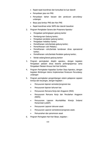160
 Rapat-rapat koordinasi dan konsultasi ke luar daerah
 Penyediaan jasa non PNS
 Penyediaan bahan bacaan dan peraturan perundang-
undangan
 Biaya jasa lembur PNS dan Non PNS
 Rapat koordinasi antar SKPD dan daerah bawahan
2. Program Penigkatan Sarana dan Prasarana Aparatur
 Pengadaan perlengkapan gedung kantor
 Pembangunan Gedung kantor;
 Pengadaan peralatan gedung kantor;
 Pengadaan mebeleur kantor;
 Pemeliharaan rutin/berkala gedung kantor;
 Pemerliharaan rutin Mebelur;
 Pemeliharaan rutin/berkala kendaraan dinas operasional
kantor;
 Pemeliharaan rutin/berkala Peralatan gedung kantor;
 Rehab sedang/berat gedung kantorr
3. Program peningkatan disiplin aparatur, dengan kegiatan
Pengadaan pakaian dinas beserta perlengkapannya serta
Pengadaan Pakaian khusus hari-hari tertentu
4. Program Peningkatan Kapasitas Sumber Daya Aparatur, dengan
kegiatan Bimbingan teknis Implementasi Peraturan Perundang-
undangan
5. Program peningkatan pengembangan sistem pelaporan capaian
kinerja dan keuangan, dengan kegiatan :
 Penyusunan laporan semester/prognosis kas
 Penyusunan laporan tahunan kas
 Penyusunan Rencana Kerja dan Anggaran (RKA)
 Penyusunan Rencana Kerja dan Perubahan Anggaran
(RKPA)
 Penyusunan Laporan Akuntabilitas Kinerja Instansi
Pemerintah (LAKIP)
 Penyusunan Laporan tahunan asset
 Penyusunan Laporan semesteran/prognosis asset.
 Pemusnahan dan penomoran asset
6. Program Peringatan Hari-hari Besar, kegiatan :
 