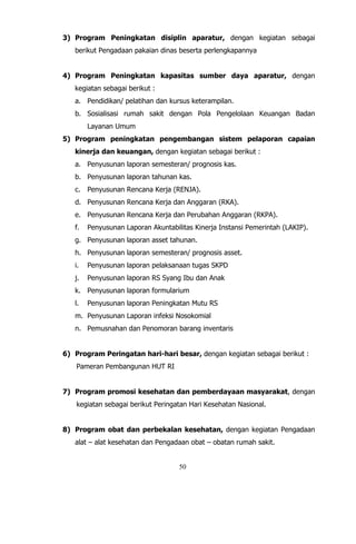 50
3) Program Peningkatan disiplin aparatur, dengan kegiatan sebagai
berikut Pengadaan pakaian dinas beserta perlengkapannya
4) Program Peningkatan kapasitas sumber daya aparatur, dengan
kegiatan sebagai berikut :
a. Pendidikan/ pelatihan dan kursus keterampilan.
b. Sosialisasi rumah sakit dengan Pola Pengelolaan Keuangan Badan
Layanan Umum
5) Program peningkatan pengembangan sistem pelaporan capaian
kinerja dan keuangan, dengan kegiatan sebagai berikut :
a. Penyusunan laporan semesteran/ prognosis kas.
b. Penyusunan laporan tahunan kas.
c. Penyusunan Rencana Kerja (RENJA).
d. Penyusunan Rencana Kerja dan Anggaran (RKA).
e. Penyusunan Rencana Kerja dan Perubahan Anggaran (RKPA).
f. Penyusunan Laporan Akuntabilitas Kinerja Instansi Pemerintah (LAKIP).
g. Penyusunan laporan asset tahunan.
h. Penyusunan laporan semesteran/ prognosis asset.
i. Penyusunan laporan pelaksanaan tugas SKPD
j. Penyusunan laporan RS Syang Ibu dan Anak
k. Penyusunan laporan formularium
l. Penyusunan laporan Peningkatan Mutu RS
m. Penyusunan Laporan infeksi Nosokomial
n. Pemusnahan dan Penomoran barang inventaris
6) Program Peringatan hari-hari besar, dengan kegiatan sebagai berikut :
Pameran Pembangunan HUT RI
7) Program promosi kesehatan dan pemberdayaan masyarakat, dengan
kegiatan sebagai berikut Peringatan Hari Kesehatan Nasional.
8) Program obat dan perbekalan kesehatan, dengan kegiatan Pengadaan
alat – alat kesehatan dan Pengadaan obat – obatan rumah sakit.
 
