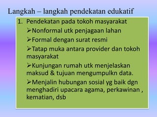 Langkah – langkah pendekatan edukatif
1. Pendekatan pada tokoh masyarakat
Nonformal utk penjagaan lahan
Formal dengan surat resmi
Tatap muka antara provider dan tokoh
masyarakat
Kunjungan rumah utk menjelaskan
maksud & tujuan mengumpulkn data.
Menjalin hubungan sosial yg baik dgn
menghadiri upacara agama, perkawinan ,
kematian, dsb
 