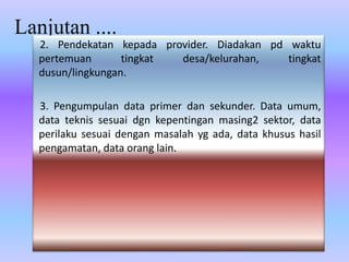 Lanjutan ....
2. Pendekatan kepada provider. Diadakan pd waktu
pertemuan tingkat desa/kelurahan, tingkat
dusun/lingkungan.
3. Pengumpulan data primer dan sekunder. Data umum,
data teknis sesuai dgn kepentingan masing2 sektor, data
perilaku sesuai dengan masalah yg ada, data khusus hasil
pengamatan, data orang lain.
 