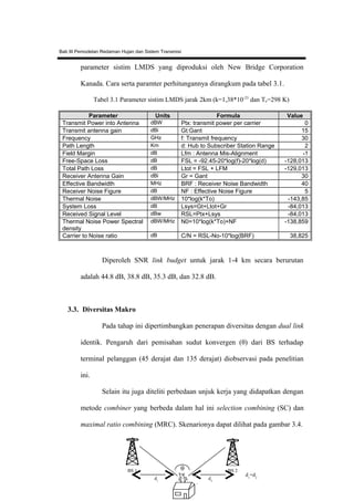 Bab III Pemodelan Redaman Hujan dan Sistem Transmisi
parameter sistim LMDS yang diproduksi oleh New Bridge Corporation
Kanada. Cara serta paramter perhitungannya dirangkum pada tabel 3.1.
Tabel 3.1 Parameter sistim LMDS jarak 2km (k=1,38*10-23
dan To=298 K)
Parameter Units Formula Value
Transmit Power into Antenna dBW Ptx: transmit power per carrier 0
Transmit antenna gain dBi Gt:Gant 15
Frequency GHz f: Transmit frequency 30
Path Length Km d: Hub to Subscriber Station Range 2
Field Margin dB Lfm : Antenna Mis-Alignment -1
Free-Space Loss dB FSL = -92.45-20*log(f)-20*log(d) -128,013
Total Path Loss dB Ltot = FSL + LFM -129,013
Receiver Antenna Gain dBi Gr = Gant 30
Effective Bandwidth MHz BRF : Receiver Noise Bandwidth 40
Receiver Noise Figure dB NF : Effective Noise Figure 5
Thermal Noise dBW/MHz 10*log(k*To) -143,85
System Loss dB Lsys=Gt+Ltot+Gr -84,013
Received Signal Level dBw RSL=Ptx+Lsys -84,013
Thermal Noise Power Spectral
density
dBW/MHz N0=10*log(k*To)+NF -138,859
Carrier to Noise ratio dB C/N = RSL-No-10*log(BRF) 38,825
Diperoleh SNR link budget untuk jarak 1-4 km secara berurutan
adalah 44.8 dB, 38.8 dB, 35.3 dB, dan 32.8 dB.
3.3. Diversitas Makro
Pada tahap ini dipertimbangkan penerapan diversitas dengan dual link
identik. Pengaruh dari pemisahan sudut konvergen (θ) dari BS terhadap
terminal pelanggan (45 derajat dan 135 derajat) diobservasi pada penelitian
ini.
Selain itu juga diteliti perbedaan unjuk kerja yang didapatkan dengan
metode combiner yang berbeda dalam hal ini selection combining (SC) dan
maximal ratio combining (MRC). Skenarionya dapat dilihat pada gambar 3.4.
38
θ BS 2BS 1
ST
d1
d2
d1
=d2
 