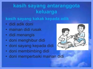 kasih sayang antaranggota
keluarga
kasih sayang kakak kepada adik
• didi adik doni
• mainan didi rusak
• didi menangis
• doni menghibur didi
• doni sayang kepada didi
• doni membimbing didi
• doni memperbaiki mainan didi
 