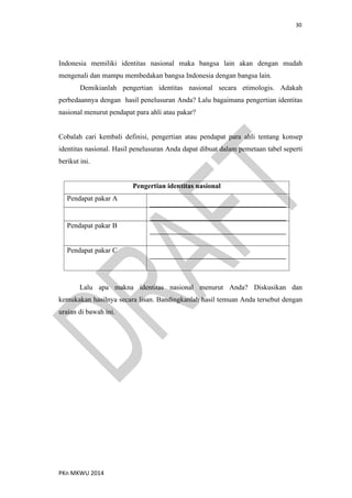 30
PKn MKWU 2014
Indonesia memiliki identitas nasional maka bangsa lain akan dengan mudah
mengenali dan mampu membedakan bangsa Indonesia dengan bangsa lain.
Demikianlah pengertian identitas nasional secara etimologis. Adakah
perbedaannya dengan hasil penelusuran Anda? Lalu bagaimana pengertian identitas
nasional menurut pendapat para ahli atau pakar?
Cobalah cari kembali definisi, pengertian atau pendapat para ahli tentang konsep
identitas nasional. Hasil penelusuran Anda dapat dibuat dalam pemetaan tabel seperti
berikut ini.
Pengertian identitas nasional
Pendapat pakar A
Pendapat pakar B
Pendapat pakar C
Lalu apa makna identitas nasional menurut Anda? Diskusikan dan
kemukakan hasilnya secara lisan. Bandingkanlah hasil temuan Anda tersebut dengan
uraian di bawah ini.
 