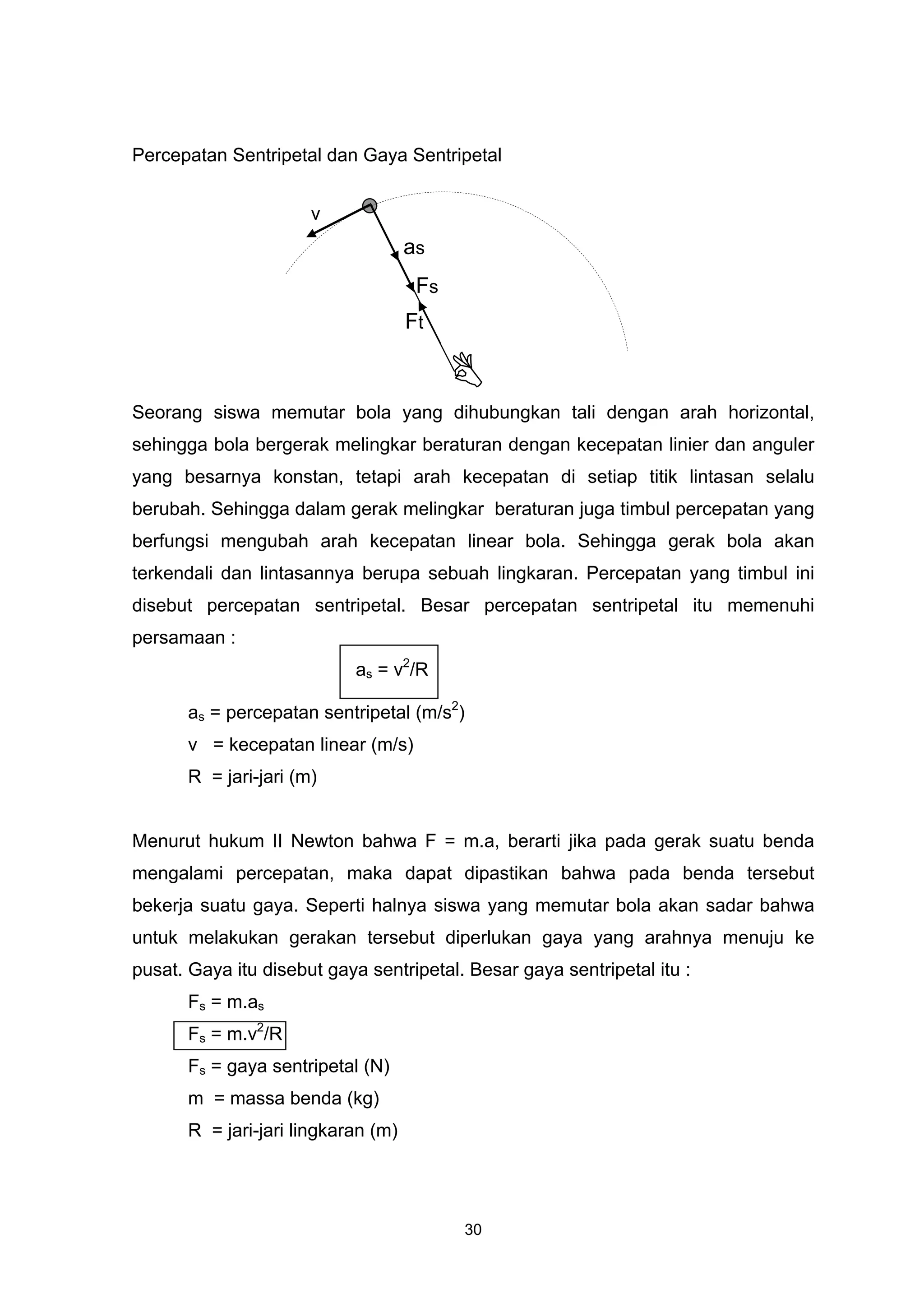 Percepatan Sentripetal dan Gaya Sentripetal


                       v
                                     as
                                      Fs
                                     Ft



Seorang siswa memutar bola yang dihubungkan tali dengan arah horizontal,
sehingga bola bergerak melingkar beraturan dengan kecepatan linier dan anguler
yang besarnya konstan, tetapi arah kecepatan di setiap titik lintasan selalu
berubah. Sehingga dalam gerak melingkar beraturan juga timbul percepatan yang
berfungsi mengubah arah kecepatan linear bola. Sehingga gerak bola akan
terkendali dan lintasannya berupa sebuah lingkaran. Percepatan yang timbul ini
disebut percepatan sentripetal. Besar percepatan sentripetal itu memenuhi
persamaan :
                            as = v2/R

       as = percepatan sentripetal (m/s2)
       v = kecepatan linear (m/s)
       R = jari-jari (m)


Menurut hukum II Newton bahwa F = m.a, berarti jika pada gerak suatu benda
mengalami percepatan, maka dapat dipastikan bahwa pada benda tersebut
bekerja suatu gaya. Seperti halnya siswa yang memutar bola akan sadar bahwa
untuk melakukan gerakan tersebut diperlukan gaya yang arahnya menuju ke
pusat. Gaya itu disebut gaya sentripetal. Besar gaya sentripetal itu :
       Fs = m.as
       Fs = m.v2/R
       Fs = gaya sentripetal (N)
       m = massa benda (kg)
       R = jari-jari lingkaran (m)




                                           30
 